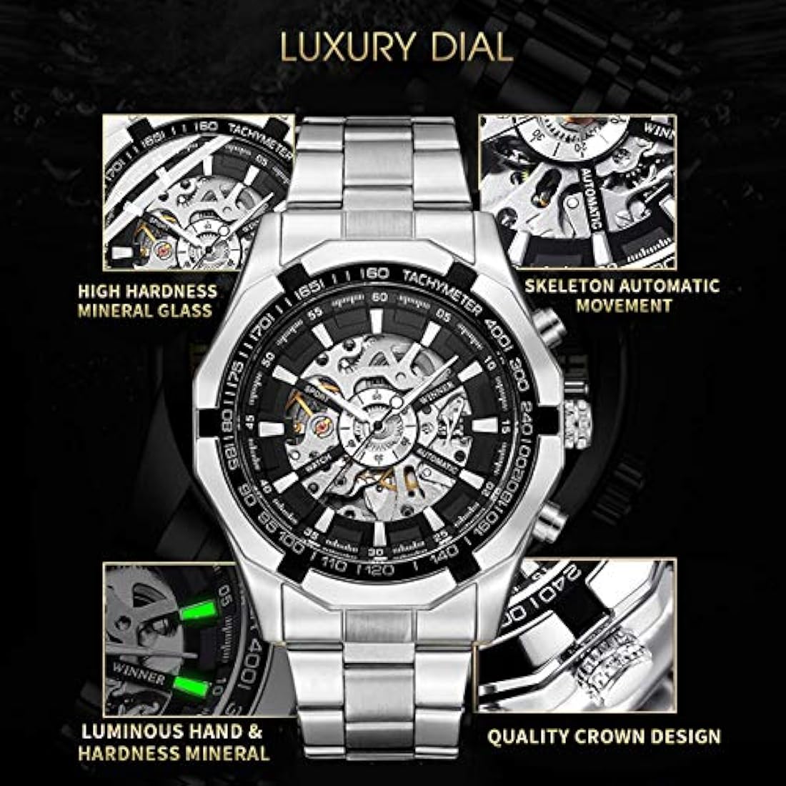 Relojes para hombre, esqueleto mecánico de acero inoxidable