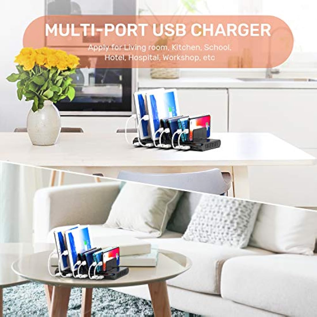 Estación de carga USB para 10 puertos con 2,4 A/negro/60 W.