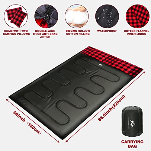 BESTEAM Saco de dormir doble de franela de algodón para acampar, mochilero, senderismo, sacos de dormir impermeables para 2 personas con 2 almohadas para adultos, adolescentes y niños en interiores y exteriores
