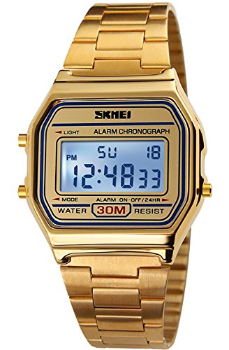Reloj digital de acero inoxidable dorado para hombres