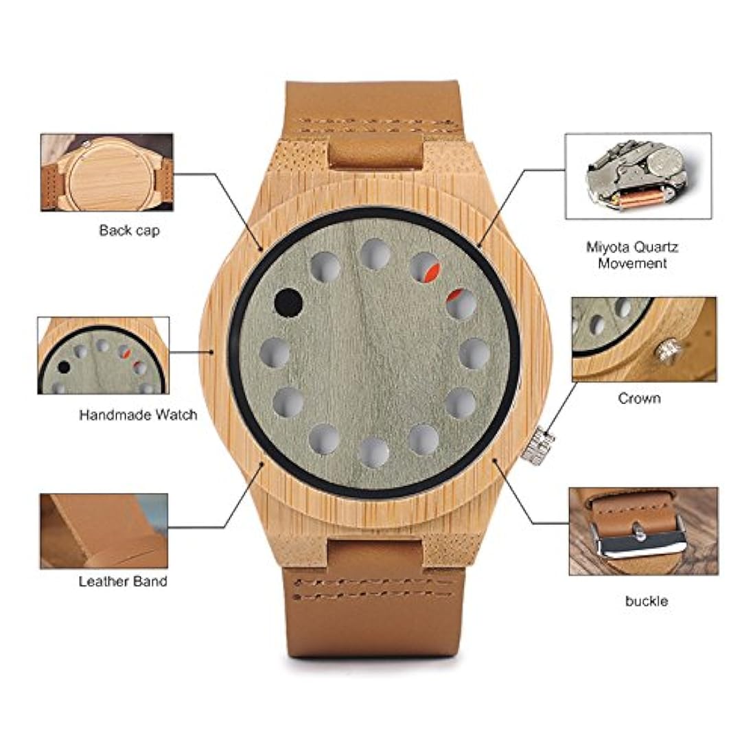 Reloj de madera de bambú para hombre 12 agujeros Temporizador