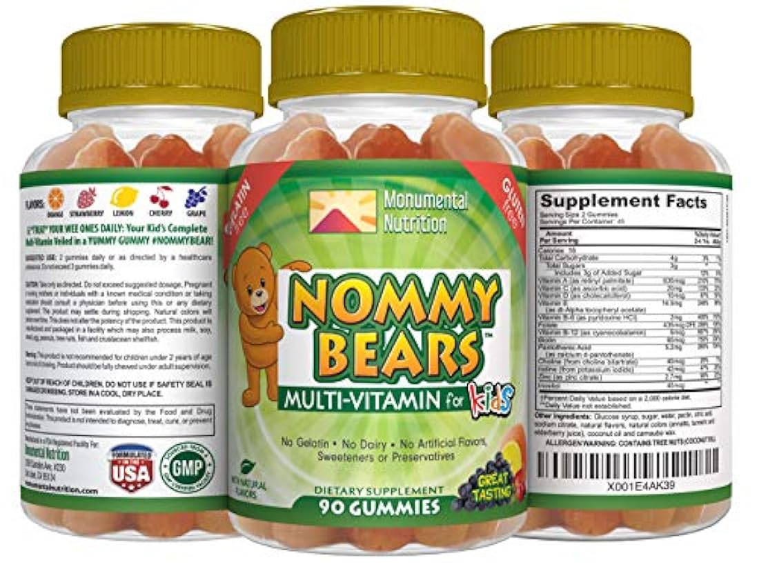 Nommy Bears - Gomitas sin gelatina multivitamina, para niños, adolescentes, adultos, 5 deliciosos sabores, 11 esenciales, sin gluten, halal/kosher, aprobado para mamá, formas de oso vegetariano