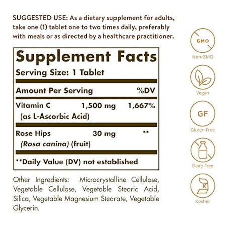 Solgar – Vitamina C con escaramujos, 1500 mg comprimidos – Antioxidante e Inmune Apoyo, E2420, Embalaje estándar., 1