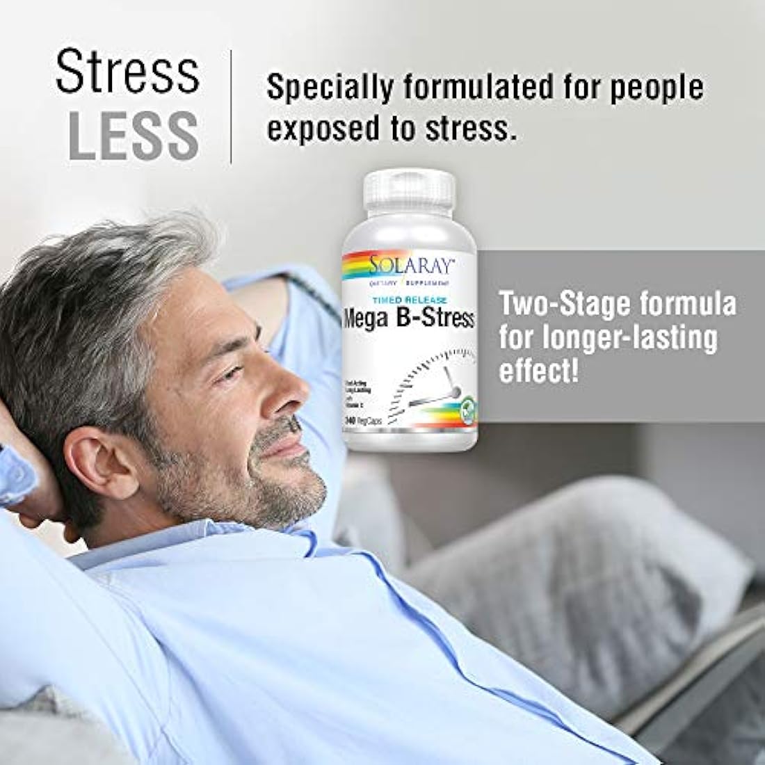 Solaray Mega Vitamina B-Stress, liberación de tiempo de dos etapas | especialmente formulado con vitaminas complejas con B para apoyo al estrés | sin OMG | Vegano | 240 pestañas