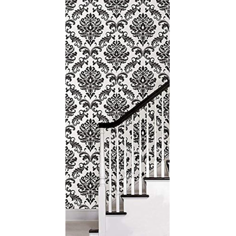 Papel tapiz adhesivo con diseño de Damasco negro(20.5x18ft)
