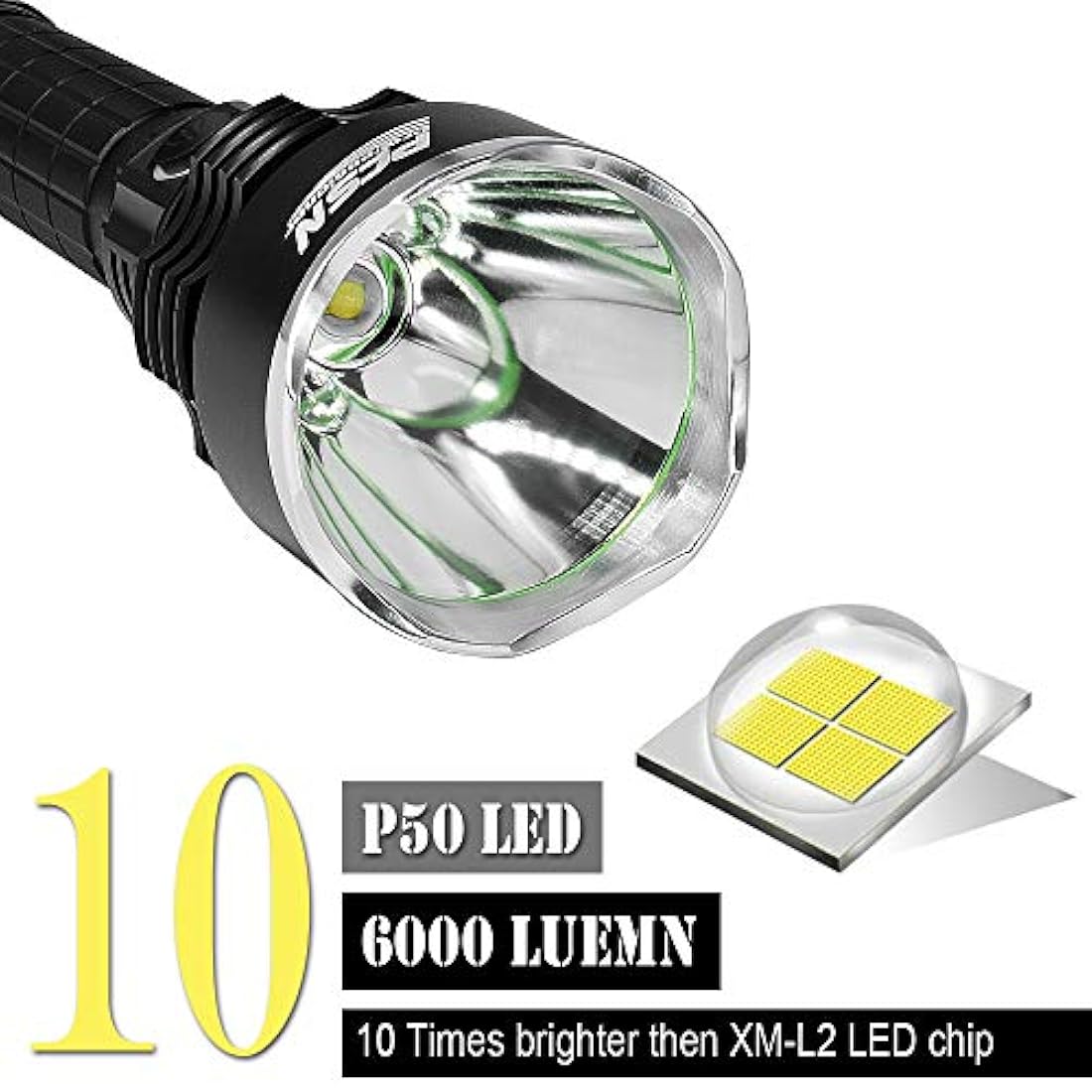 Linterna potente recargable impermeable con LED P50 más brillante 6000 lúmenes linterna táctica súper brillante mejor para senderismo, caza, camping, deportes al aire libre (incluye batería 26650)