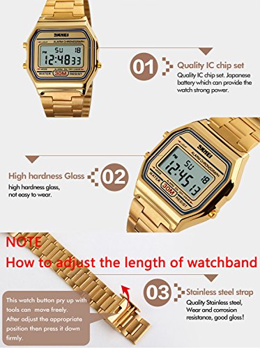 Reloj digital de acero inoxidable dorado para hombres