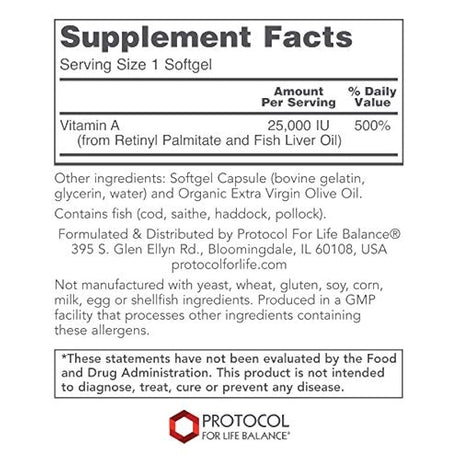 Protocolo para el equilibrio de vida - Vitamina A 25000 UI - Soporta la función inmunitaria saludable, antioxidación y proporciona soporte celular - 100 cápsulas blandas