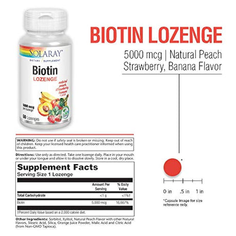 Solaray Biotin 5000 mcg Natural Melocotón, Fresa, Sabor de plátano | Cabello saludable, soporte de piel y uñas | 60 pastillas