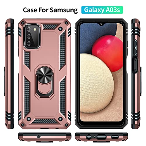 PUSHIMEI Funda para Samsung Galaxy A03S con protector de pantalla HD [grado militar de 16 pies, probado en caídas] Funda protectora con soporte de anillo magnético para Samsung Galaxy A03S, oro rosa