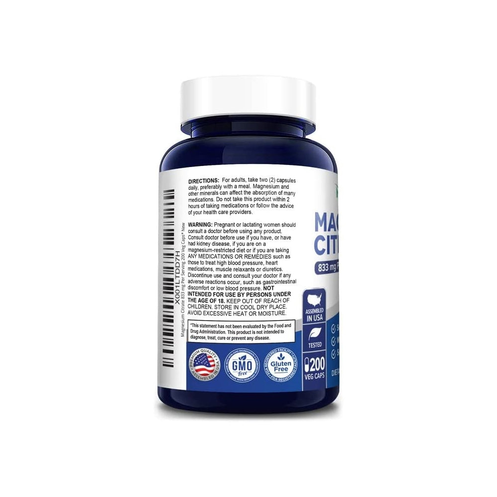 Suplemento de citrato de magnesio 833 mg  200 cápsulas