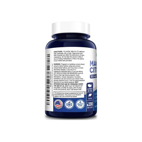 Suplemento de citrato de magnesio 833 mg  200 cápsulas