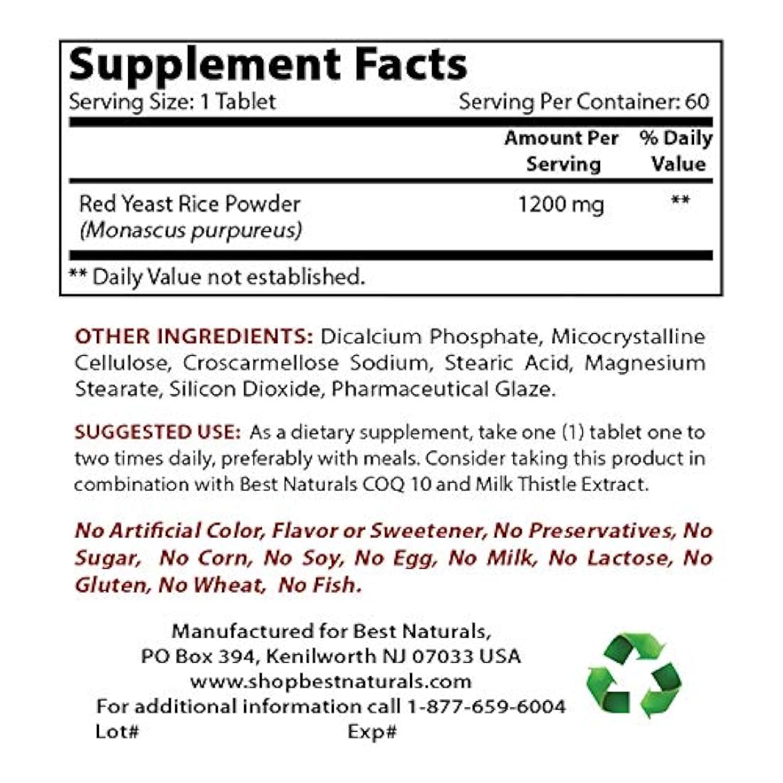 Mejor Naturals Rojo Levadura Arroz Nivel de 1200 mg Tablet