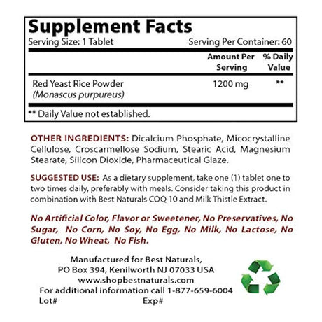 Mejor Naturals Rojo Levadura Arroz Nivel de 1200 mg Tablet