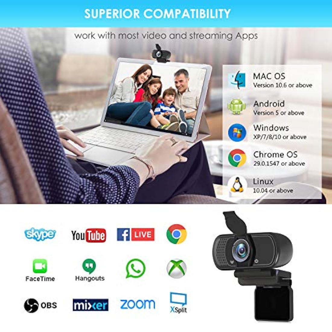 Webcam HD 1080P con obturador de privacidad y trípode