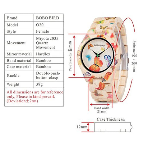 Reloj de bambú para mujer Mariposa grabado  casuales