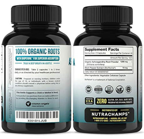 Ashwagandha orgánico 1200 mg 120 cápsulas veganas con biop