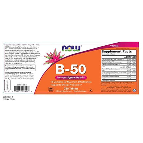 Suplementos NOW, Vitamina B-50 mg, Producción Energética*, Salud del Sistema Nervioso*, 250 comprimidos