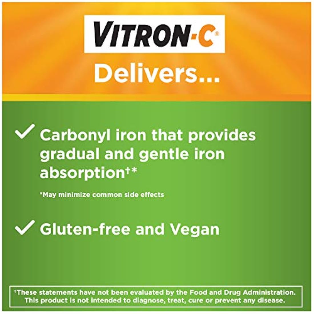 Vitron-C Suplemento de hierro de alta potencia con vitamina C, aumenta la energía, 60 unidades
