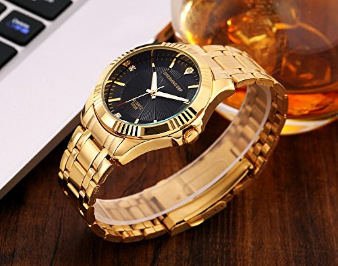 Reloj de acero inoxidable dorado, cristales estilo clásico