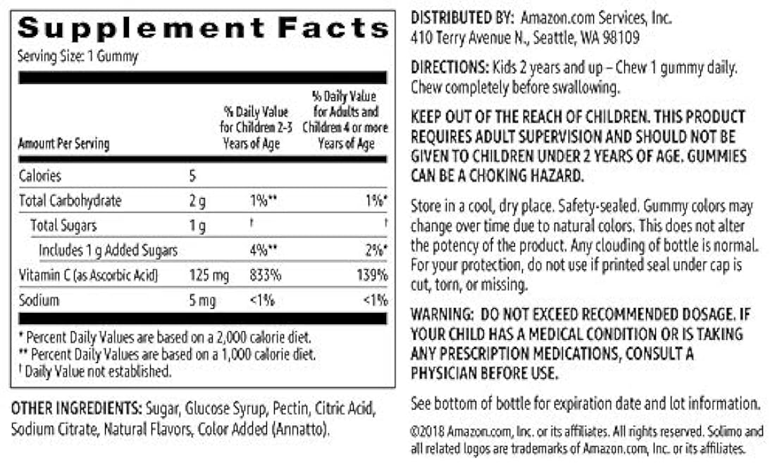 Amazon Brand – Solimo Vitamina C 125 mg, 60 gomas, suministro de 2 meses