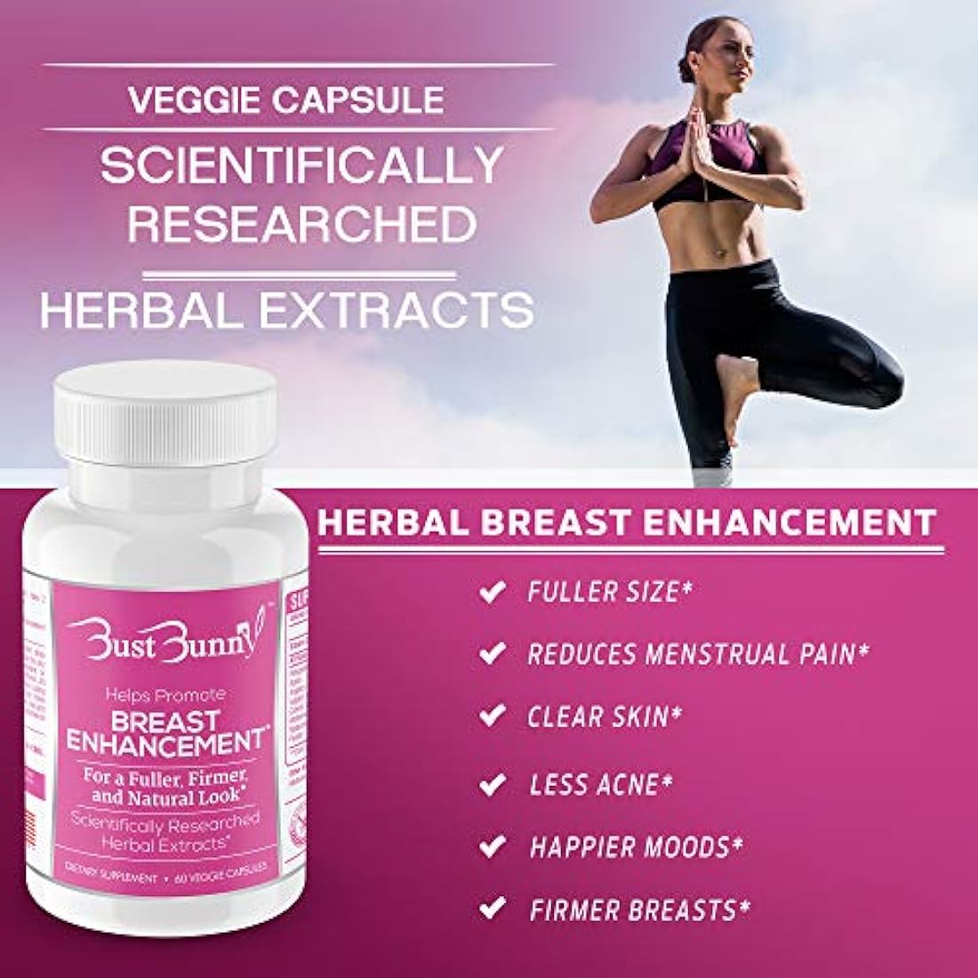 BUST BUNNY - Píldoras para mejorar el seno - Apto para veganos - 6 meses | 1 forma natural para agrandar el pecho y aumentar el tamaño del pecho