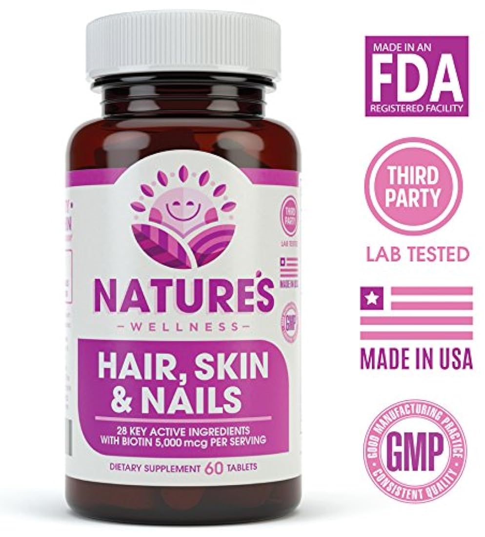 Complemento para el cabello, la piel y las uñas, 5000 mcg de biotina, sílice, vitamina C, E, B, vitaminas esenciales naturales, y complejo nutricional avanzado para el cabello fino, hombres y mujeres, por Nature's Wellness de 60 tabletas