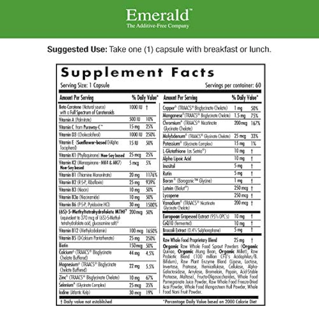 Multivitamínico para mujer 45 1-Daily Multi - Multivitamina con CoQ10, Vitamina K2 (MK-7) y Calcio Extra - Apoya el Corazón Saludable Huesos Fuertes, Hormonas Equilibradas y Más - Laboratorios Esmeralda - 60 Cápsulas Vegetales