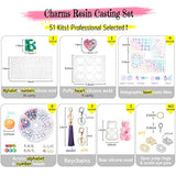 Charms Resin Casting Molds Set Heart Alphabet Number Bear Silicone Trays with Acrylic Beads, Tassel, Keychains, Holographic Laser Inlay Sheets, Lobster Clasps 51-kit