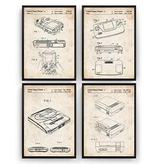 Juego de 4 impresiones de patentes para juegos, póster