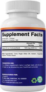 Vitamatic Vitamina D3 5000 IU 125mcg, 500 cápsulas