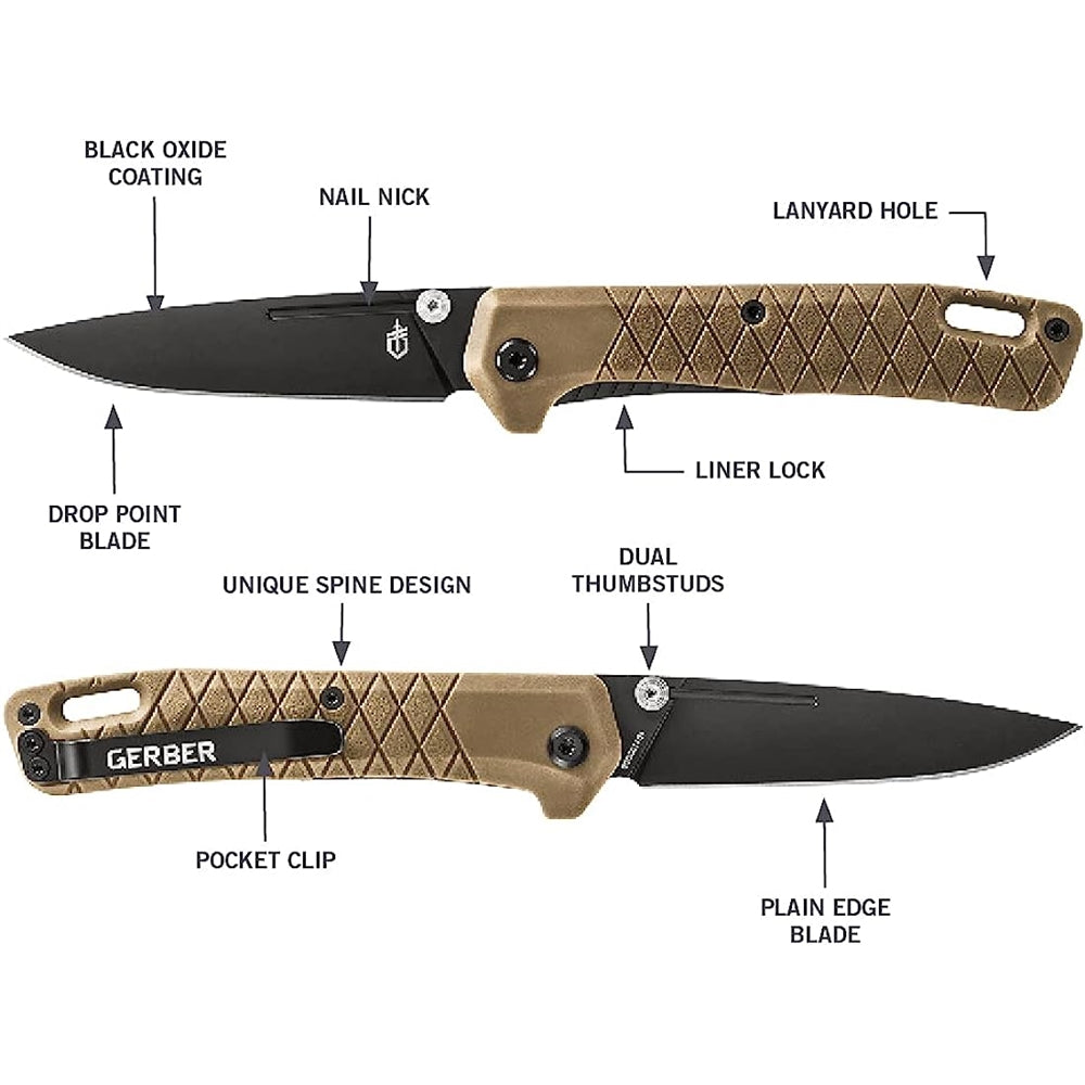Cuchillo de bolsillo plegable, hoja de borde liso marrón