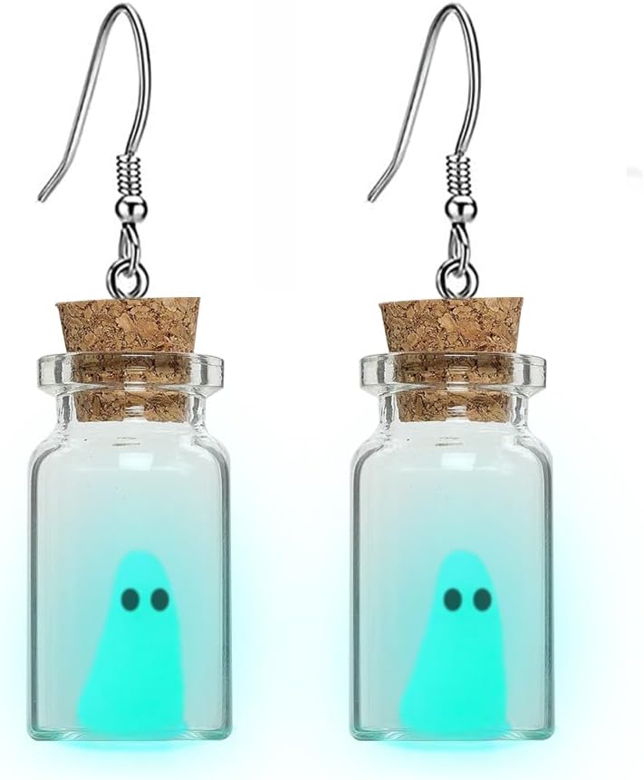 Pendientes Fantasma en Botella, Joyas Halloween, Brillantes
