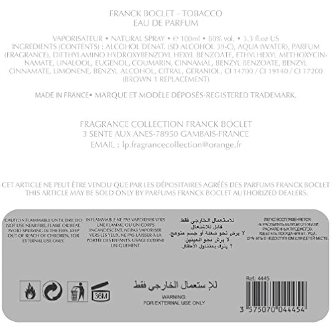 Franck boclet Tabaco Eau de Parfum 3,3 FL oz/100 ml