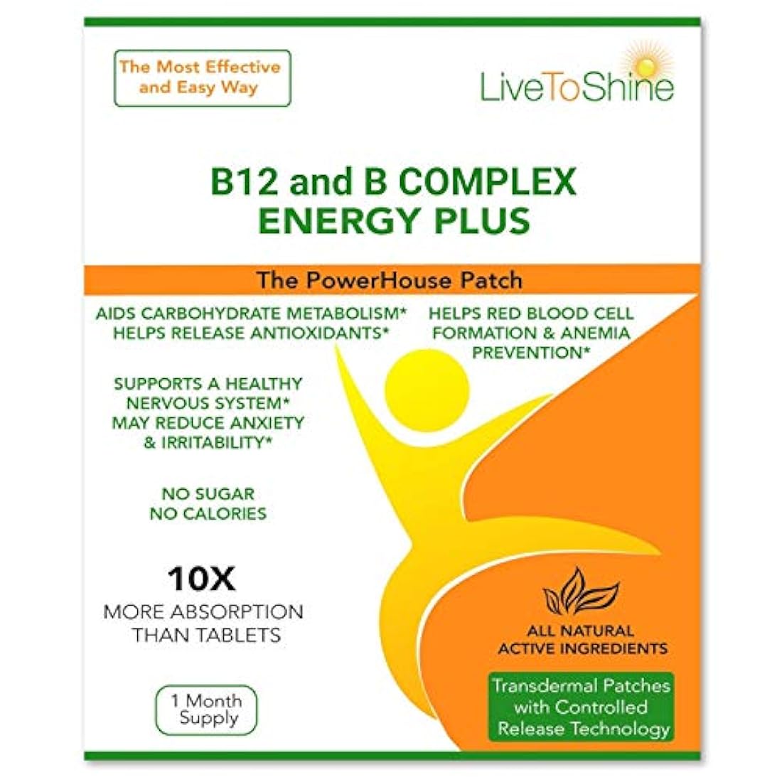 Parche complejo B-12 y B, ingredientes naturales para energía, alerta y bienestar, fabricado en Estados Unidos por Live To Shine