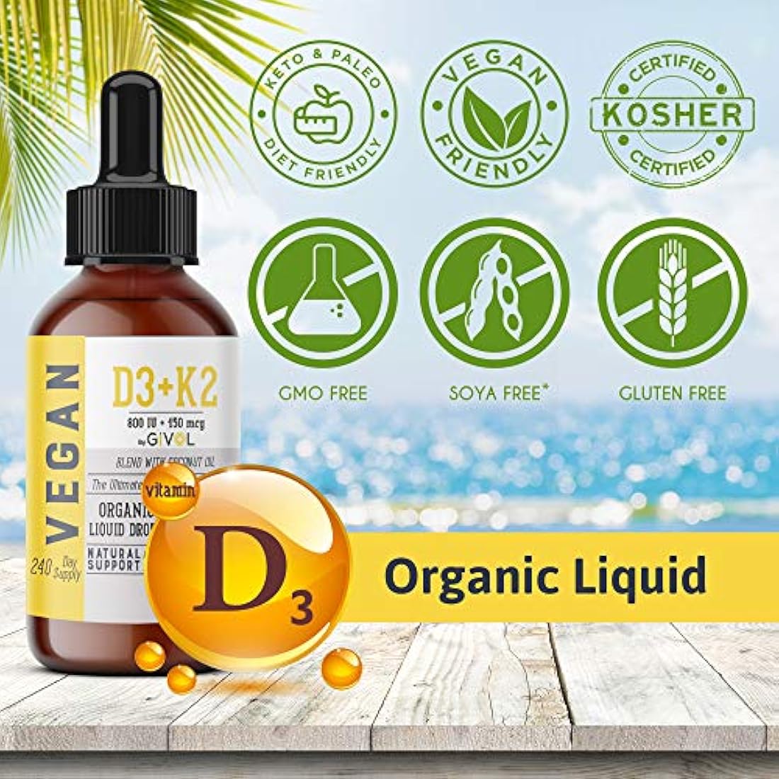 Vitamina líquida orgánica D3 (como liquen) K2