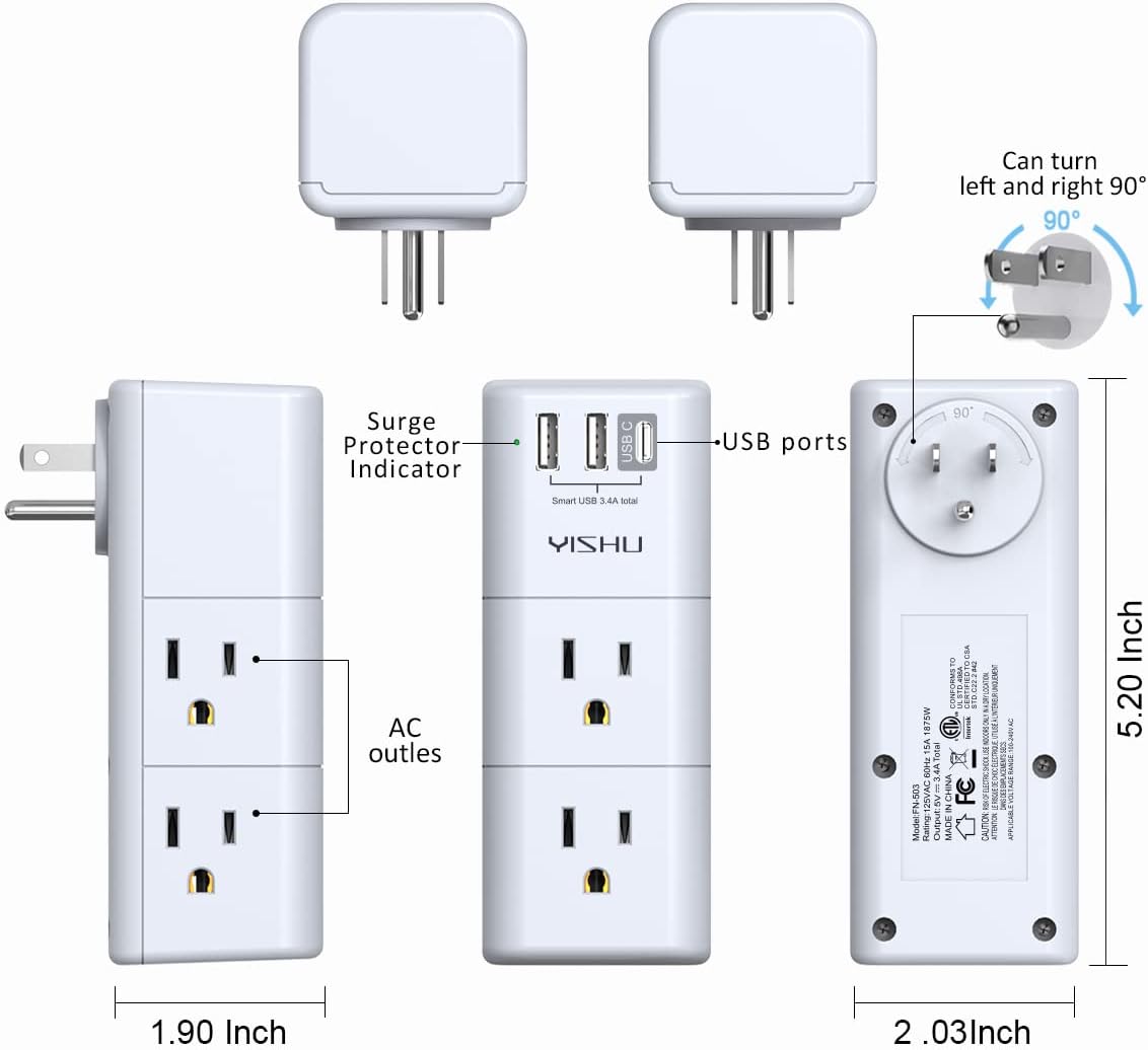 YISHU - Extensor de toma de corriente múltiple USB, .