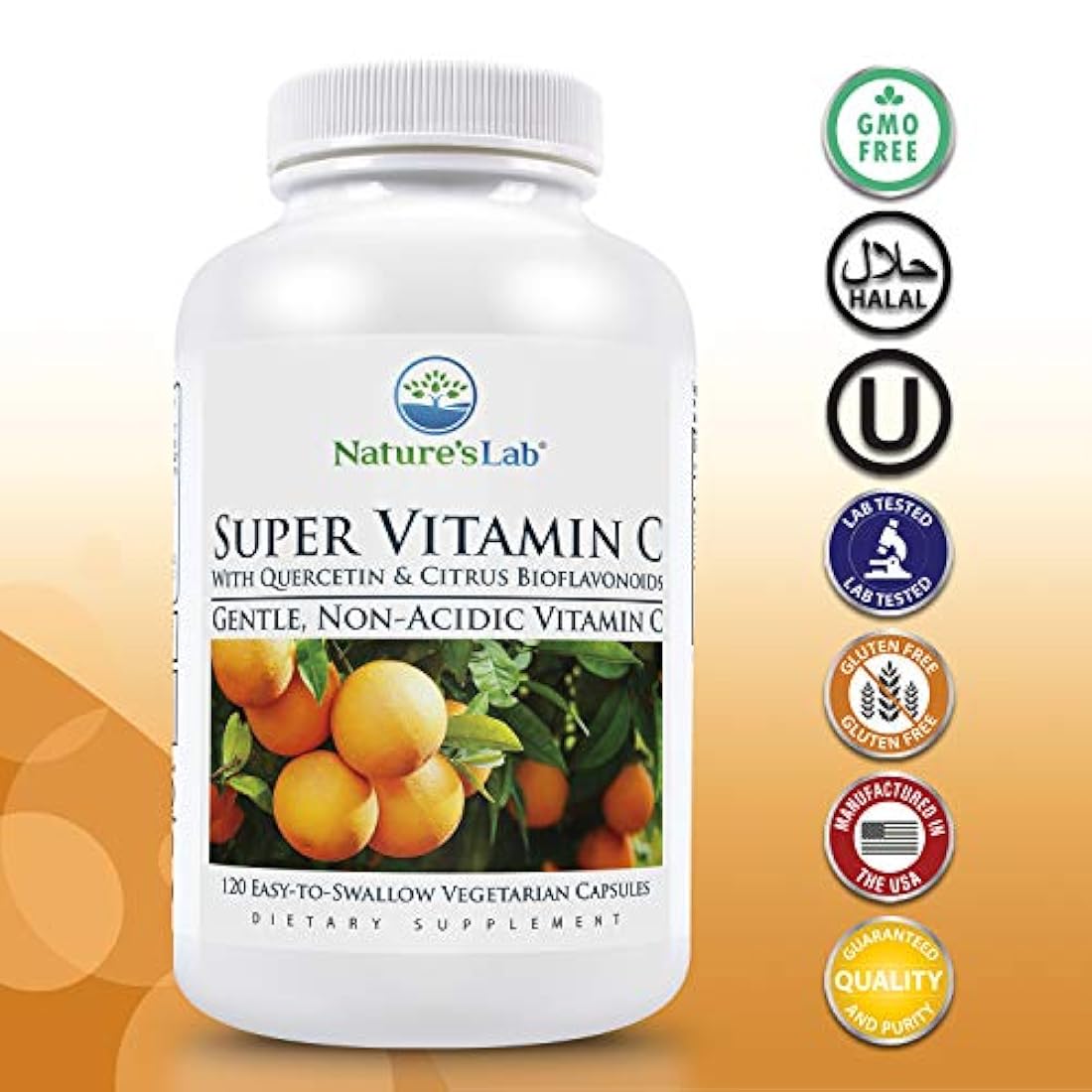 Nature's Lab Super Vitamin C - 1000mg as Calcium Ascorbate - 120 Count (60 Day Supply) Gentle, Non Acidic 200mg Quercetin and 200mg Citrus Bioflavonoids Non GMO, Gluten Free, Lab Tested Made in The US