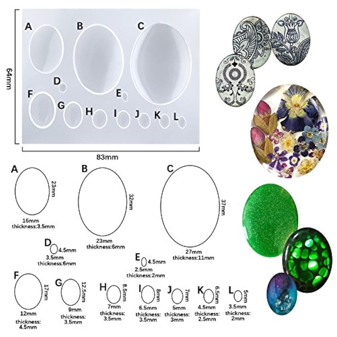 Funshowcase ovalada cabujón resina epoxi molde de silicona