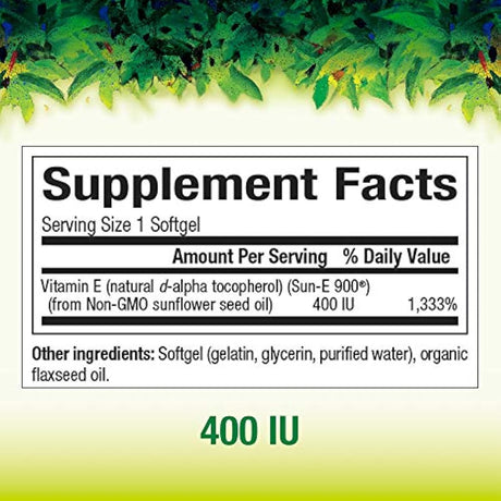 Tierra entera y mar de factores naturales, vitamina E 400 UI, suplemento de alimentos enteros, sin gluten, 90 geles blandos (90 porciones)