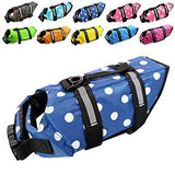 Chaleco salvavidas para perro, cinturón ajustable de fácil ajuste, protector de mascotas, traje de baño de seguridad con rayas reflectantes para perrito (XS, moteado y azul)