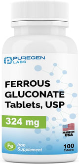 Suplemento Puregen Labs Gluconato ferroso 324 mg 100 un