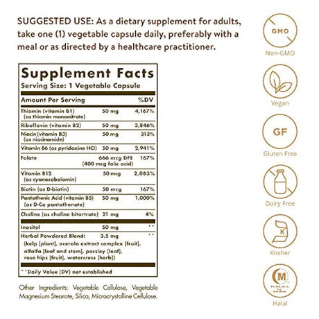 Solgar B-Complex 50, metabolismo energético, apto para veganos, 100 cápsulas vegetales