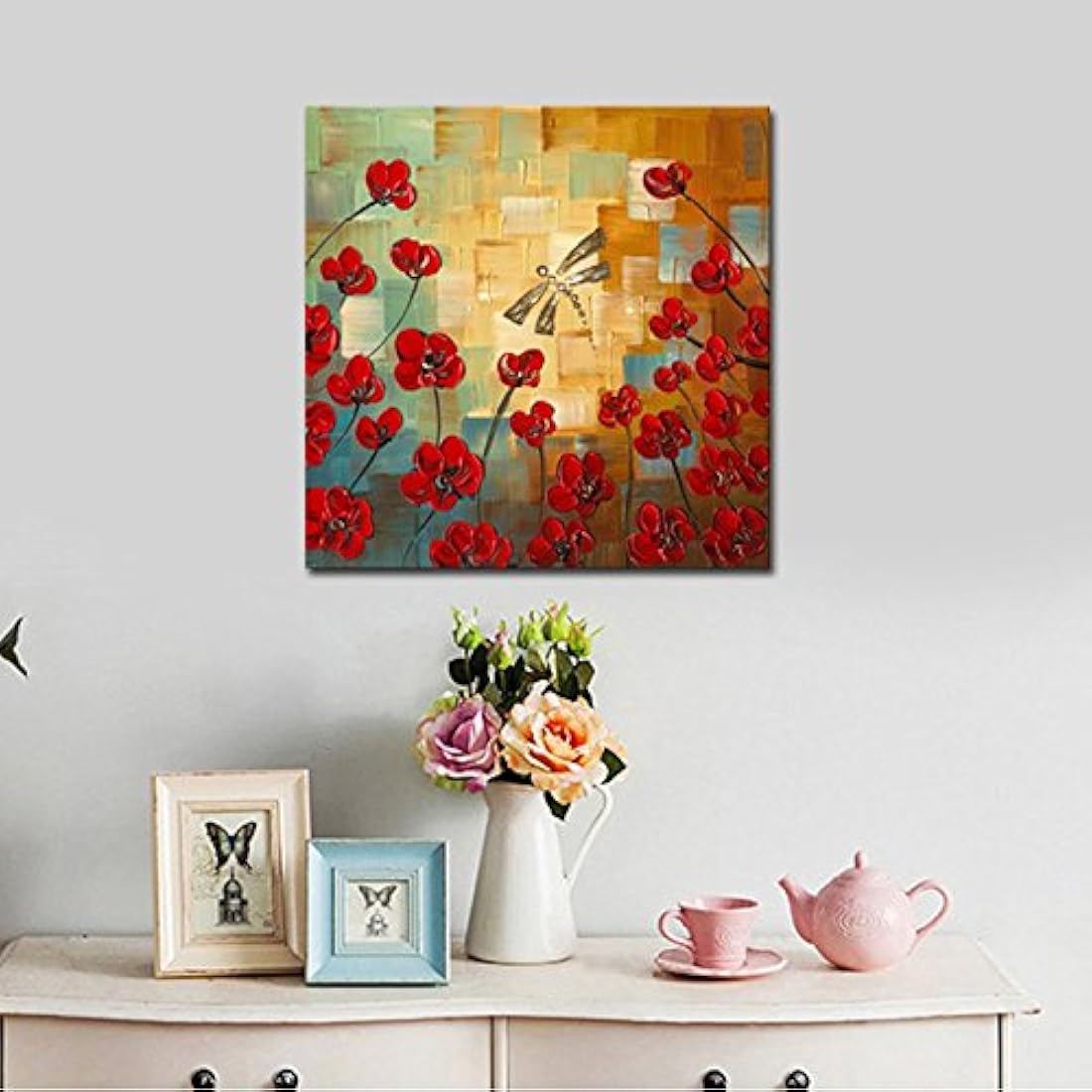 Wieco Art - libélulas aman las flores, pintura al óleo