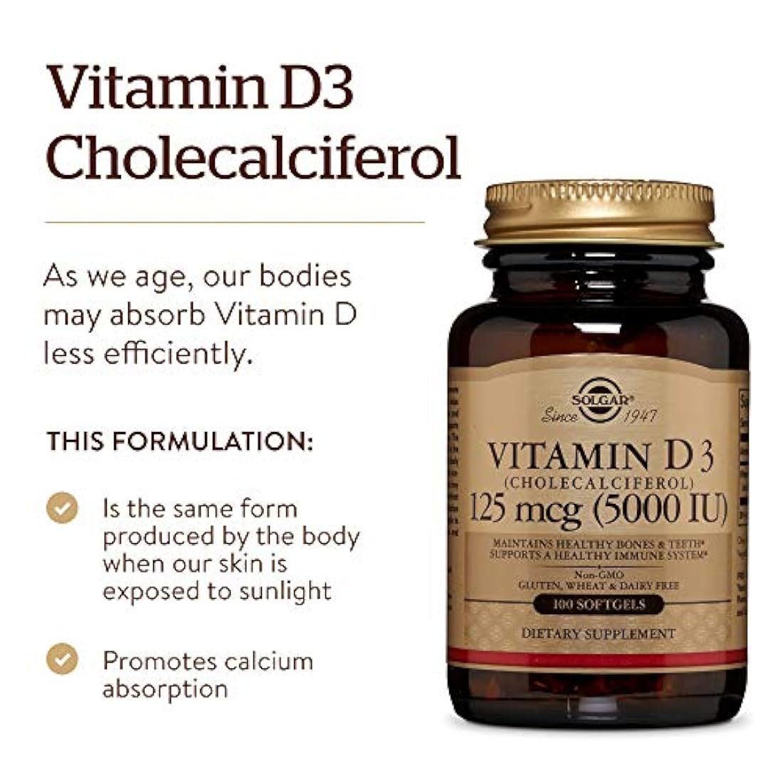 Vitamina D3 (Colecalciferol) 125 MCG (5000 UI), 100 cápsulas