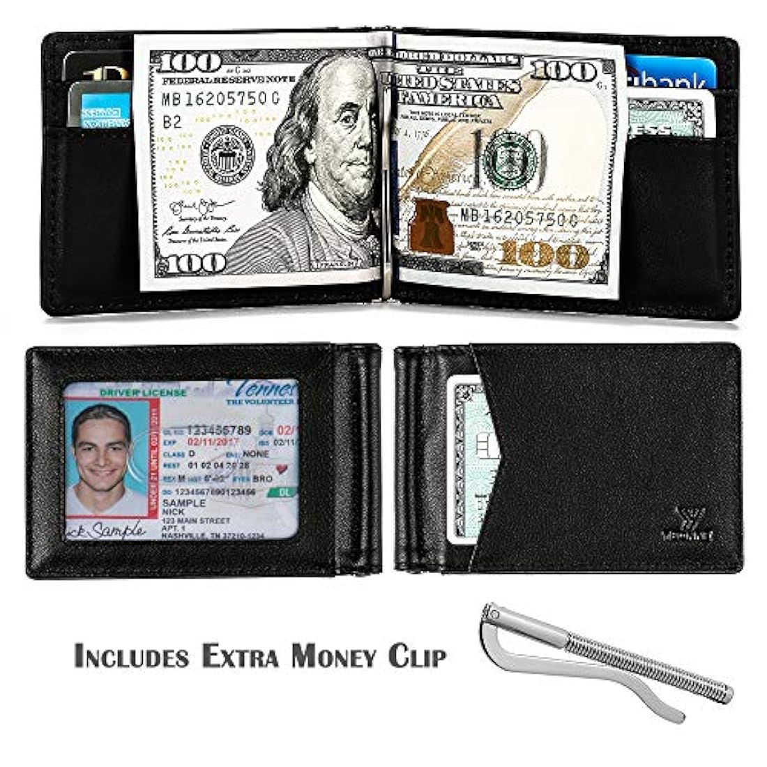 YBONNE - Cartera fina con clip para dinero, de cuero