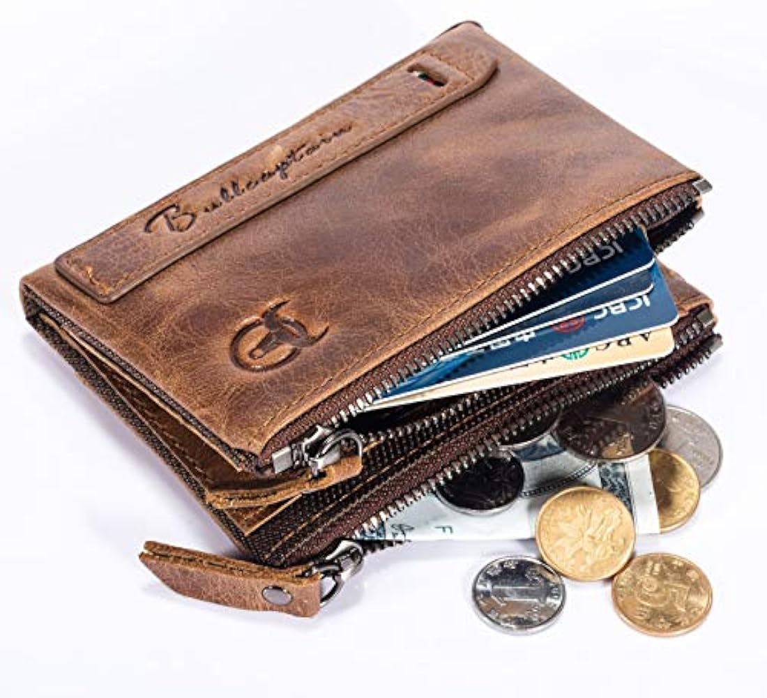 bullcaptain Funda de piel tipo portafolios para hombres Bifold clásico con doble cierre bolsillos