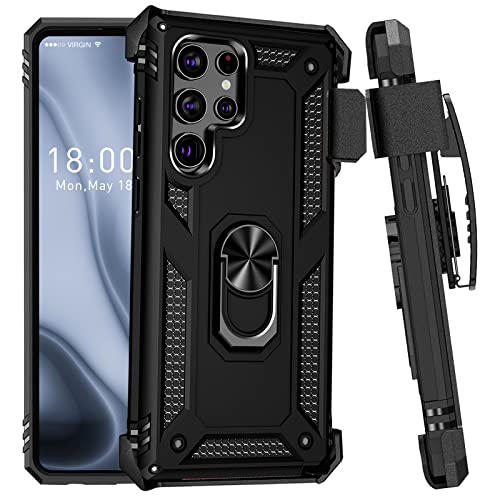 Funda para Galaxy S22 Ultra, Samsung S22 Ultra con clip para cinturón, soporte de anillo, cubierta de protección de grado militar [compatible con soporte magnético para automóvil] Funda a prueba de golpes para S22 Ultra (negro)