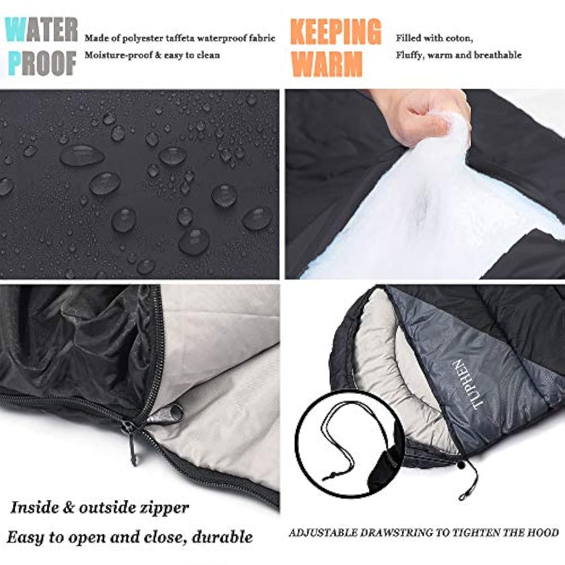 Bolsa de dormir para camping impermeable/Negro y gris.TUPHEN