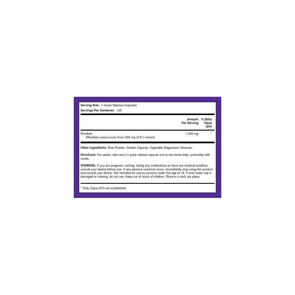 Suplemento herbal  Rhodiola Rosea Cápsulas 1000 mg  120 un